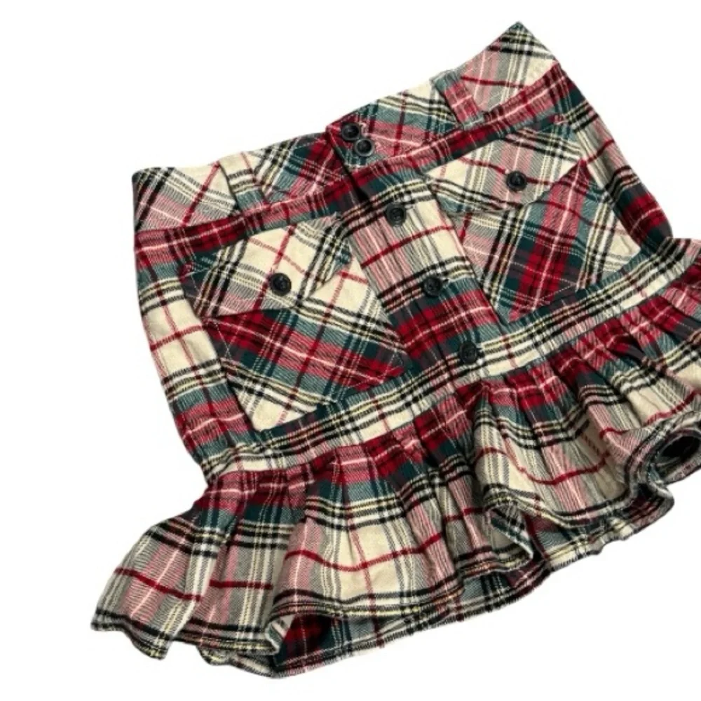 Ralph Lauren Girls Red Plaid Ruffle Mini Skirt Size 14 Preppy Tartan Wool Blend